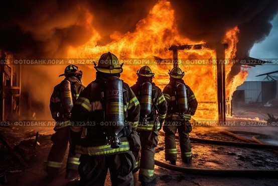 A team of firefighters in full gear standing united in front of blazing fire, poised to tackle inferno with determination and expertise. Стоковое AI-изображение, AI-художник Данила Большаков / Фотобанк Лори