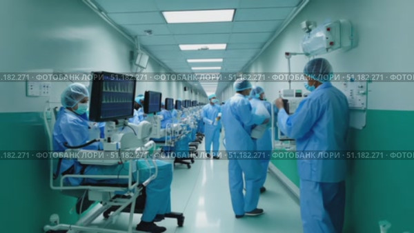 A team of healthcare workers in protective gear assists patients and communicates in a hospital corridor, showcasing teamwork. Стоковое AI-видео, аниматор Данила Большаков / Фотобанк Лори