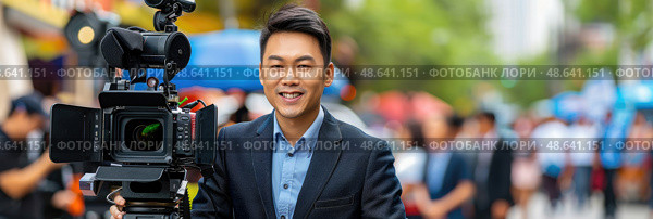 A television reporter is engaged in an interview with a camera in hand as people and vendors bustle in a vibrant city market. Стоковое AI-изображение, AI-художник Данила Большаков / Фотобанк Лори