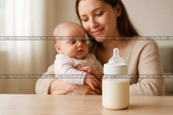 A tender moment between a mother and her baby as they bond over milk from a bottle, capturing the essence of nurturing and care in a cozy home environment. Стоковое AI-изображение, AI-художник Башкирова Анна / Фотобанк Лори