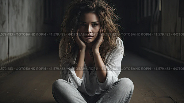A tired, depressed woman sits on the floor and looks thoughtfully at the camera. Generated by AI. Стоковое AI-изображение, AI-художник Ярославский Максим / Фотобанк Лори