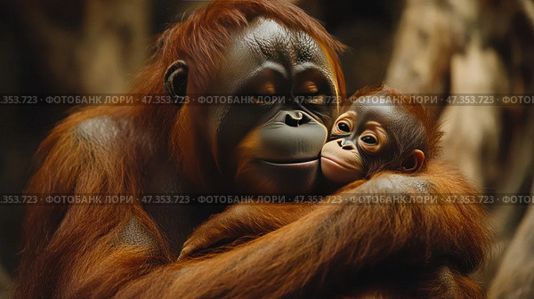 A touching scene: an adult orangutan tenderly embraces her baby. Her eyes are closed, her face calm and peaceful, as if she is enjoying the moment. The baby is pressed against its mother, looking forward with a slight smile and warmth in its eyes. Their reddish fur shimmers softly in the warm light, creating a feeling of coziness, safety and love. The background is neutral, natural, does not distract from the main thing - the bond between mother and child. Стоковое AI-изображение, AI-художник Анна Кривицкая / Фотобанк Лори