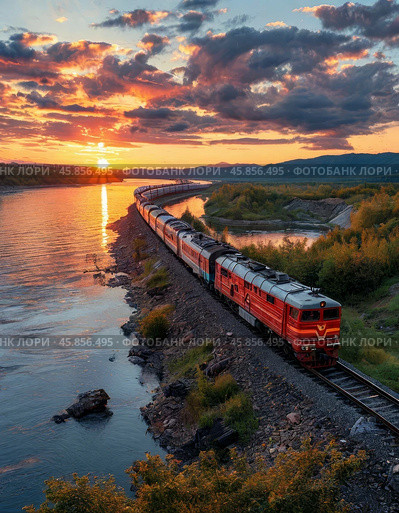 A train against the backdrop of the setting sun. Railwayman's Day in Russia is celebrated on the first Sunday of August. Стоковое AI-изображение, AI-художник Сергей Елизарьев / Фотобанк Лори