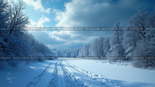 A Tranquil Winter Landscape With Deep Snow and Tire Tracks Creating a Path Through the Frosty Terrain. Стоковое AI-изображение, AI-художник Sergey Grishin / Фотобанк Лори