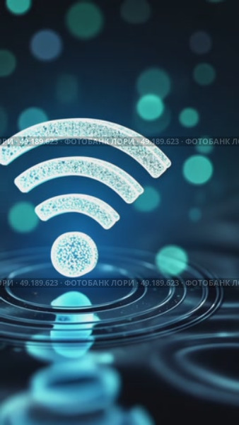A translucent 3D Wi-Fi icon with ripple effects, symbolizing connectivity, set on an abstract digital background with futuristic hi tech neon light. Стоковое AI-видео, аниматор Sergey Grishin / Фотобанк Лори