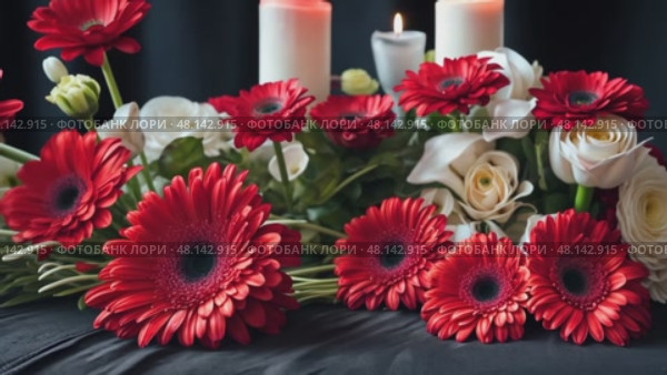 A tribute table at a remembrance service, elegantly decorated with vibrant red roses and gerbera daisies on a dark velvet background, evoking solemnity and beauty. Стоковое AI-видео, аниматор Ирина Старикова / Фотобанк Лори