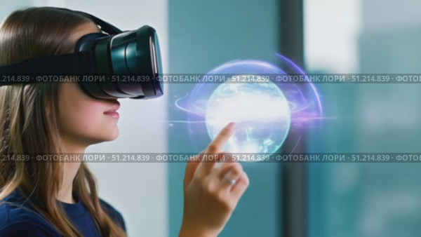 A user engages with virtual reality technology, reaching out to interact with digital elements in a contemporary indoor environment. Стоковое AI-видео, аниматор Данила Большаков / Фотобанк Лори