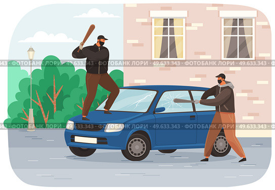 A vandal damaged a car on the city street. A man in a mask and a hood destroys automobile. Bandits smash windows with a baseball bat in a minicar in a city parking lot. Aggressive people criminals. Two young vandals destroy the car. Bandits characters in masks spoil other people s property. Стоковая иллюстрация, агентство Ingram Publishing / Фотобанк Лори
