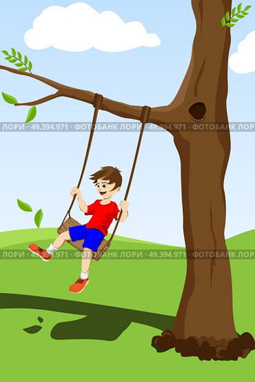 A vector illustration of a happy kid swinging on a tree outside. Стоковая иллюстрация, агентство Ingram Publishing / Фотобанк Лори