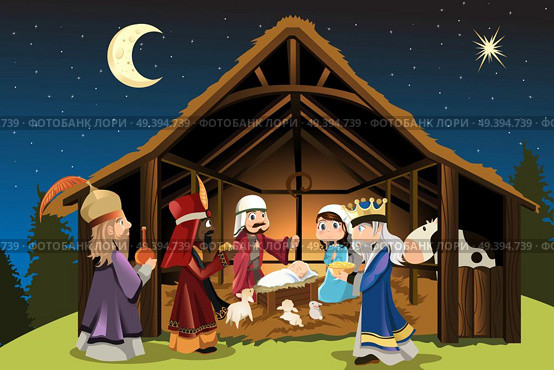 A vector illustration of Christmas concept of the birth of Jesus Christ with Joseph and Mary accompanied by the three wise men . Стоковая иллюстрация, агентство Ingram Publishing / Фотобанк Лори