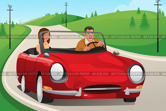 A vector illustration of happy couple riding a convertible car. Стоковая иллюстрация, агентство Ingram Publishing / Фотобанк Лори