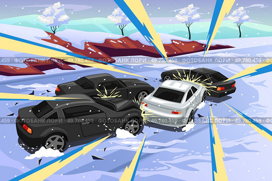 A vector illustration of Multiple Cars Accident on Icy Winter Road. Стоковая иллюстрация, агентство Ingram Publishing / Фотобанк Лори