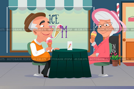 A vector illustration of old grandpa and grandma eating ice cream together. Стоковая иллюстрация, агентство Ingram Publishing / Фотобанк Лори