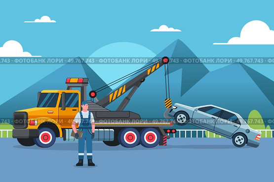 A vector illustration of Tow Truck Driver Towing a Car. Стоковая иллюстрация, агентство Ingram Publishing / Фотобанк Лори