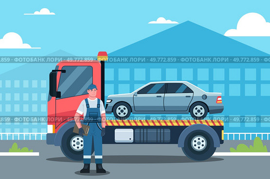 A vector illustration of Tow Truck Driver Transporting a Car . Стоковая иллюстрация, агентство Ingram Publishing / Фотобанк Лори