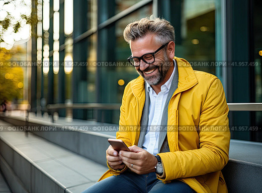 A very surprised man with a beard reads an unexpected message on his smartphone on a bright yellow background. Стоковое AI-изображение, AI-художник Ярославский Максим / Фотобанк Лори