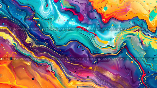 A vibrant abstract image with swirling colors of orange, blue, and red, accented with bubbles. Fluid art style, dynamic and lively. Стоковое AI-изображение, AI-художник Александра Рублева / Фотобанк Лори
