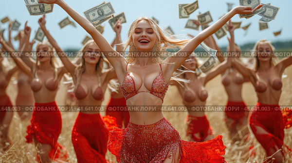 A vibrant celebration unfolds in a golden field as dancers in red outfits joyfully toss dollar bills and express their excitement under the sun. Стоковое AI-изображение, AI-художник Данила Большаков / Фотобанк Лори