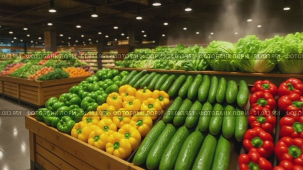 A vibrant display of fresh vegetables in a grocery store. Includes red bell peppers, yellow bell peppers, cucumbers, and leafy greens arranged neatly. Стоковое AI-видео, аниматор Nart / Фотобанк Лори
