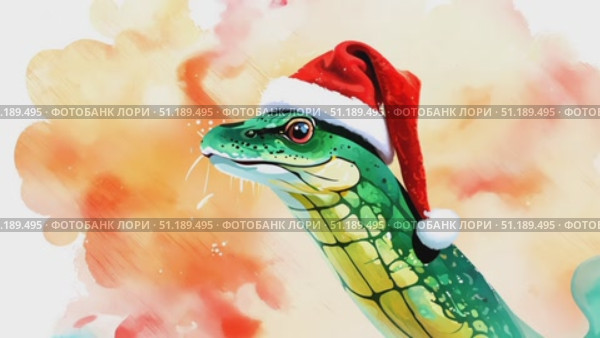 A vibrant green serpent, adorned with a Santa hat, gracefully interacts with soft, colorful mist, embodying the spirit of the holiday season. Стоковое AI-видео, аниматор Данила Большаков / Фотобанк Лори