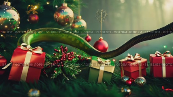 A vibrant green snake winds through a colorful array of Christmas gifts and ornaments nestled in a lush forest. Стоковое AI-видео, аниматор Данила Большаков / Фотобанк Лори