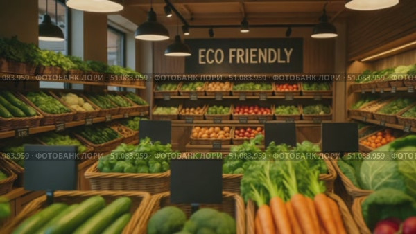 A vibrant grocery store interior showcasing a variety of fresh vegetables and fruits. Baskets filled with cucumbers, carrots, lettuce, and apples. Eco-friendly signage visible. Стоковое AI-видео, аниматор Nart / Фотобанк Лори