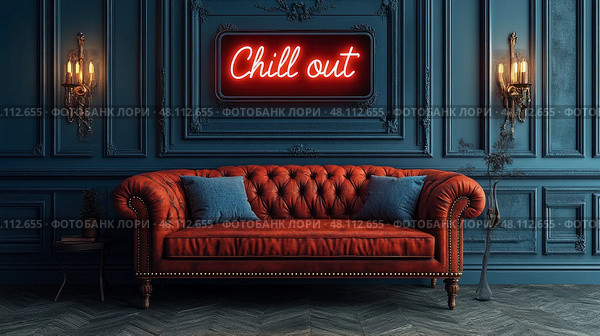A vibrant red tufted sofa adorned with blue cushions sits against a deep blue wall, illuminated by a chill out neon sign and elegant wall sconces. Стоковое AI-изображение, AI-художник Данила Большаков / Фотобанк Лори