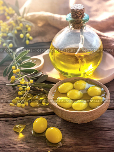 A vibrant still life image of olive oil in a glass bottle and juicy yellow olives in a wooden bowl against a rustic wooden table. The composition is complemented by twigs with small yellow berries and soft sunlight, creating an atmosphere of coziness, warmth and naturalness. Ideal for themes related to healthy eating, Mediterranean cuisine, gastronomy, natural products and cooking. Стоковое AI-изображение, AI-художник Анна Кривицкая / Фотобанк Лори