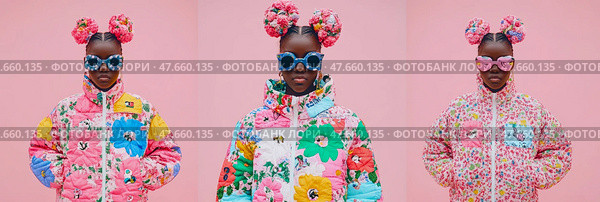 A vibrant triptych of a dark-skinned model wearing quirky glasses and floral coat against soft pink, for fashion statement. Стоковое AI-изображение, AI-художник Данила Большаков / Фотобанк Лори