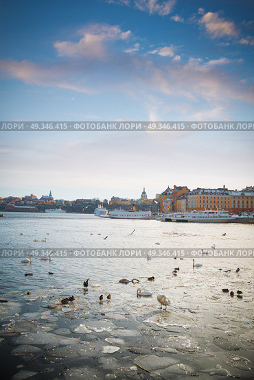 A view of Stockholm’s gamla stan region from across the frozen river in winter time. Стоковое фото, агентство Ingram Publishing / Фотобанк Лори