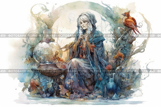 A watercolor fantasy illustration of a wise old woman in a robe, surrounded by magical creatures, birds and alchemical vessels. The woman sits in a meditative pose, as if weaving a spell or conducting a ritual. Around her are glass flasks, mysterious plants, glowing elements and fairy birds. The illustration is done in a soft color palette with a predominance of blue and copper-red shades. Suitable for themes of magic, alchemy, mythology and fairy tales. Стоковое AI-изображение, AI-художник Анна Кривицкая / Фотобанк Лори