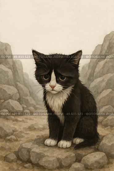 A watercolor illustration of a lonely black and white kitten with a sad expression sitting in a rocky landscape. The kitten has large sad eyes, slightly ruffled fur and a white chest, which emphasizes its vulnerability and helplessness. The rocky landscape with no signs of life reinforces the feeling of isolation and loneliness. The illustration is done in a soft but muted color palette, evoking sympathy and a desire to protect in the viewer. Стоковое AI-изображение, AI-художник Анна Кривицкая / Фотобанк Лори