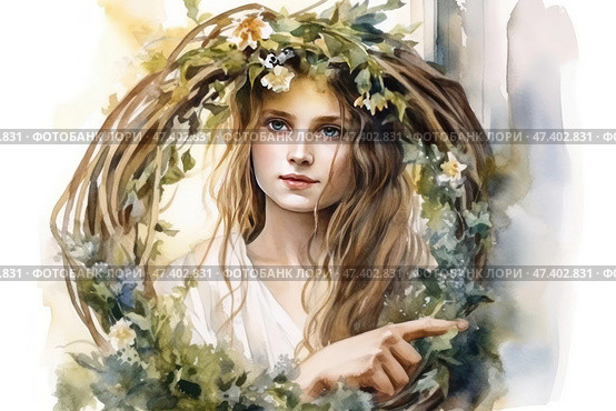 A watercolor illustration of a young girl with long light brown hair, framed by a wreath of vines, foliage and wild flowers. Her expressive blue eyes and soft gaze create a sense of fairytale and purity. The girl is dressed in a light dress, with a window or light space shining through in the background. The composition seems to convey the spirit of nature, spring renewal and inner harmony. The atmosphere is gentle, poetic, close to the aesthetics of the Pre-Raphaelites and fantasy illustrations. Стоковое AI-изображение, AI-художник Анна Кривицкая / Фотобанк Лори