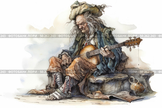 A watercolor illustration of an elderly vagabond or wandering musician sitting on a stone bench with a guitar in his hands. His clothes are worn and patched, his hair is tangled, his face is wrinkled, and his bare feet are wrapped in rags. Despite his difficult fate, he plays music, conveying emotions and life experiences through the strings. The composition is dominated by warm and muted tones, emphasizing the atmosphere of loneliness, sadness and dignity. The image is reminiscent of a fairy tale or literary character from legends and stories. Стоковое AI-изображение, AI-художник Анна Кривицкая / Фотобанк Лори