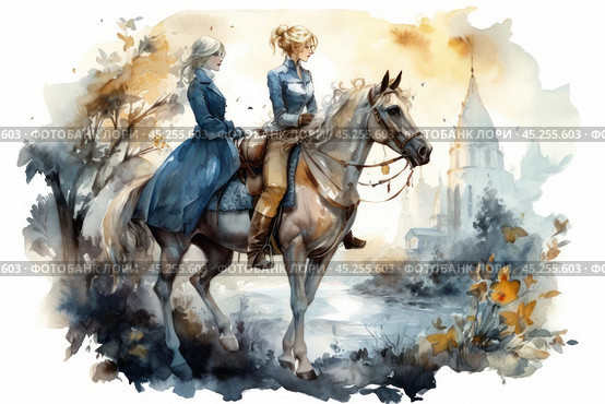 A watercolor illustration of two women on horseback against a pastoral landscape with autumnal tones and a view of an ancient building or temple. One of the women is dressed in a long coat, the other in simpler riding clothes. The illustration conveys a sense of calm, friendship and romance, as well as a historical atmosphere. Soft watercolor colors add lightness and tenderness to the image, creating an atmosphere of nostalgia and adventure. Стоковое AI-изображение, AI-художник Анна Кривицкая / Фотобанк Лори