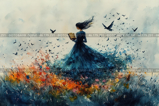 A watercolor painting of a woman in a long blue dress standing against a backdrop of tame nature. She holds a book in her hands and her hair flutters in the wind, creating a sense of freedom and lightness. Flocks of birds fly around her, their movements creating a sense of dynamism. In the foreground of the painting is a colorful mixture of colors, reminiscent of fields of flowers and grasses, which smoothly transition into darker, deeper shades in the back of the painting. The overall atmosphere of the work is a mixture of peace and aspiration for something more, perhaps discovery and inspiration. Стоковое AI-изображение, AI-художник Анна Кривицкая / Фотобанк Лори