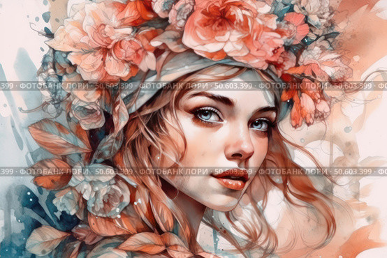 A watercolor portrait of a young woman with expressive blue eyes and a delicate blush on her cheeks. Her head is adorned with a lush wreath of pink, coral and peach flowers, complemented by foliage. Branches and petals harmoniously intertwine with her loose hair, creating the image of a spring nymph or forest goddess. The color palette is kept in warm and soft tones, combining watercolor transparency with painterly detail. The image conveys femininity, inspiration and natural beauty - perfect for postcards, posters, cosmetics and boho projects. Стоковое AI-изображение, AI-художник Анна Кривицкая / Фотобанк Лори