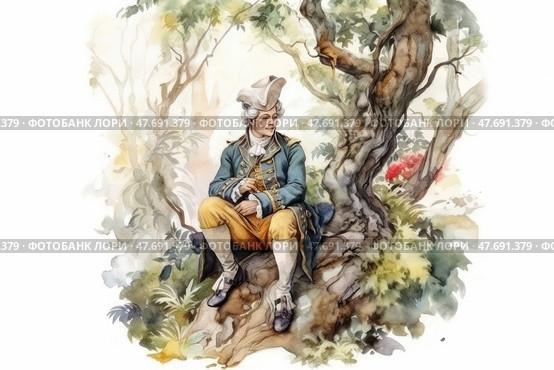 A watercolour illustration of an 18th century man sitting by a tree in a picturesque forest. The character is dressed in typical Baroque or Rococo attire - a blue tailcoat with gold buttons, yellow breeches, a white handkerchief and a wig with a cocked hat. The image exudes elegance and thoughtfulness, like a hero from a historical novel. The illustration is done in a soft colour palette with an emphasis on natural details, creating an atmosphere of peace and classical sophistication. Стоковое AI-изображение, AI-художник Анна Кривицкая / Фотобанк Лори