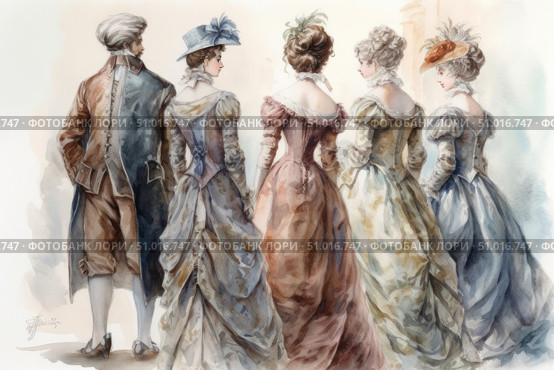 A watercolour illustration of five figures in 18th-century clothing - one man and four women. All the characters are depicted from the back, which creates intrigue and draws attention to the rich detail of their outfits: voluminous dresses, corsets, hats with feathers and jabots. The man is in a tailcoat and a camisole. The colour palette is soft, pastel, with a predominance of blue, cream and pinkish shades. The work conveys an atmosphere of aristocratic elegance, balls, historical novels and the Age of Enlightenment. Стоковое AI-изображение, AI-художник Анна Кривицкая / Фотобанк Лори