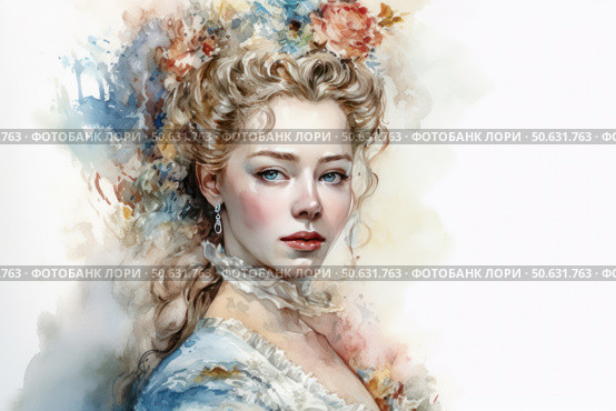 A watercolour portrait of a young woman in the 18th century style, executed with great artistic detail. She is depicted in semi-profile, with a soft yet penetrating gaze and a delicate blush on her cheeks. Her light hair is styled in an elegant updo, decorated with curls, and the background is decorated with floral brushstrokes, creating a feeling of romance and airiness. The woman wears an exquisite pastel dress and graceful earrings, emphasizing the nobility and sophistication of the image. The illustration is ideal for the themes of history, romanticism, fashion and art. Стоковое AI-изображение, AI-художник Анна Кривицкая / Фотобанк Лори