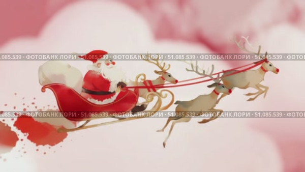 A whimsical illustration of Santa Claus in a red suit, riding a sleigh pulled by two reindeer against a soft pink background. The scene captures a festive holiday spirit. Стоковое AI-видео, аниматор Nart / Фотобанк Лори