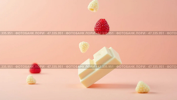 A white chocolate bar floats above a delicate arrangement of fresh raspberries and marshmallows, set against a soft pink backdrop. The scene creates a whimsical dessert appeal. Стоковое AI-изображение, AI-художник Sergey Grishin / Фотобанк Лори
