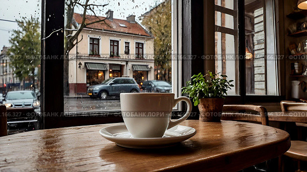 A white cup of hot coffee on a table in a modern cozy cafe by the window. It's raining outside. The concept of comfort and warmth. Стоковое AI-изображение, AI-художник Photojuli / Фотобанк Лори