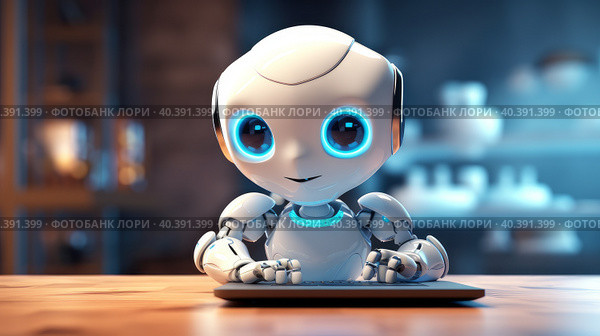 A white, cute robot who smiles sits at a table with a laptop in his hands. The concept of future technology in the modern world is among us. AI generated. Стоковое AI-изображение, AI-художник ALLA YURTAYEVA / Фотобанк Лори