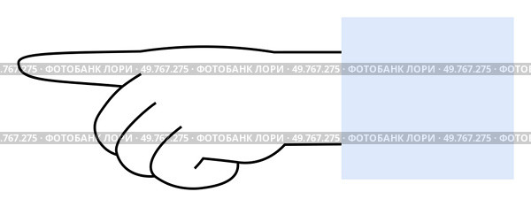 A white, outlined hand pointing left with a blue rectangle overlay on the wrist. Ideal for gestures, navigation, directions, minimalist design, educational materials.. Outstretched Hand Pointing Left with Simple Blue Rectangle Overlay. Стоковая иллюстрация, агентство Ingram Publishing / Фотобанк Лори
