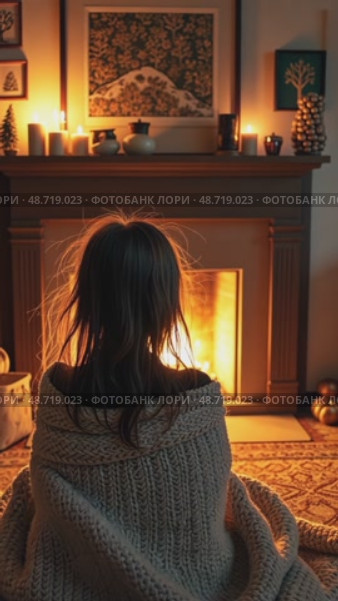 A wide-angle view of a cozy living room with a crackling fireplace, where a girl sits wrapped in a blanket, her oversize cardigan shining in fireplace light with Christmas festive decorated interior. Стоковое AI-видео, аниматор Sergey Grishin / Фотобанк Лори