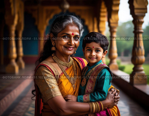 A woman and a child are posing for a picture in front of a building. Стоковое AI-изображение, AI-художник Ярославский Максим / Фотобанк Лори