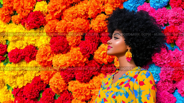A woman embraces the vivid hues of flowers, showcasing fashion and joy against a colorful wall. Стоковое AI-изображение, AI-художник Елена Старчак / Фотобанк Лори