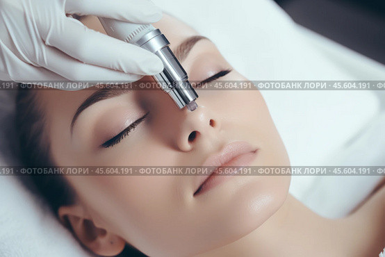 A woman enjoys a hydro microdermabrasion treatment at a cosmetic beauty spa. The procedure uses a specialized device for exfoliation and hydration of her skin, promoting rejuvenation. Стоковое AI-изображение, AI-художник Sergey Grishin / Фотобанк Лори