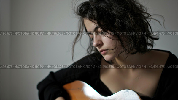 A woman holds a guitar in her right hand, showcasing her musical talent and love for playing the instrument. Стоковое AI-изображение, AI-художник Данила Большаков / Фотобанк Лори